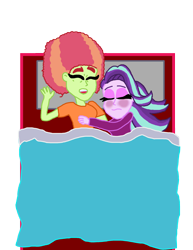 Size: 2000x2595 | Tagged: safe, artist:ktd1993, imported from derpibooru, starlight glimmer, tree hugger, equestria girls, afro, bed, blushing, equestria girls-ified, female, lesbian, shipping, sleeping, starhugger