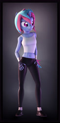 Size: 3840x7800 | Tagged: safe, artist:imafutureguitarhero, imported from derpibooru, oc, oc only, anthro, plantigrade anthro, unicorn, 3d, absurd resolution, adidas, androgynous, anthro oc, arm fluff, bandage, belly button, body fluff, border, cheek fluff, chromatic aberration, clothes, colored eyebrows, film grain, fingerless gloves, fluffy, fur, gloves, gradient background, hand on hip, hands on thighs, horn, leg fluff, lip bite, midriff, multicolored hair, multicolored mane, multicolored tail, nose wrinkle, pants, shoes, signature, sleeveless, smiling, smirk, socks, source filmmaker, tanktop, trackpants, windswept tail, wrist wraps