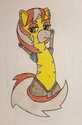 Size: 1206x1838 | Tagged: safe, artist:dice-warwick, imported from derpibooru, oc, oc only, oc:sweet sax solo, cyborg, original species, pony, ear piercing, mirage pony, piercing, solo, stripes, traditional art