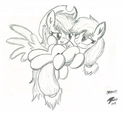 Size: 2080x1892 | Tagged: safe, artist:brekrofmadness, imported from derpibooru, applejack, rainbow dash, pony, accessory swap, appledash, cowboy hat, female, grayscale, hat, holding a pony, lesbian, monochrome, pencil drawing, shipping, simple background, traditional art, white background