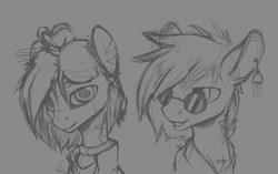 Size: 1920x1205 | Tagged: source needed, useless source url, safe, artist:dashid, imported from derpibooru, oc, oc only, oc:bloodyshy, oc:tichiro thunderline, pegasus, pony, ear piercing, earring, glasses, jewelry, oc x oc, piercing, shipping, sketch