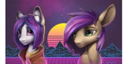 Size: 1799x906 | Tagged: safe, artist:dashid, imported from derpibooru, oc, oc only, oc:bloodyshy, oc:tichiro thunderline, pegasus, pony, oc x oc, retrowave, shipping