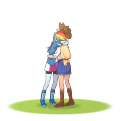 Size: 1100x1100 | Tagged: safe, artist:dcon, imported from derpibooru, applejack, rainbow dash, human, equestria girls, equestria girls (movie), appledash, duo, female, hug, lesbian, scene interpretation, shipping, simple background, white background