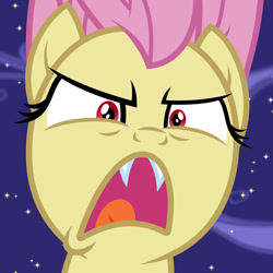 Size: 894x894 | Tagged: safe, artist:awesomeluna, imported from derpibooru, fluttershy, bat pony, pony, angry, bat ponified, fangs, female, flutterbat, hissing, looking at you, mare, open mouth, race swap, solo, starry background, stars