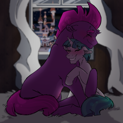 Size: 2048x2048 | Tagged: safe, artist:percy-mcmurphy, imported from derpibooru, stygian, tempest shadow, pony, unicorn, blushing, broken horn, canterlot, dark, female, horn, hug, larger female, male, shipping, size difference, smaller male, stallion, straight, tempgian