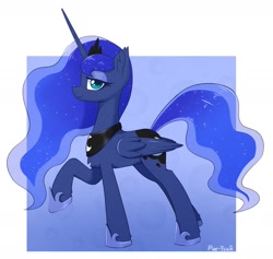 Size: 1529x1451 | Tagged: safe, artist:puetsua, imported from derpibooru, princess luna, alicorn, pony, abstract background, chest fluff, crown, cute, ear fluff, ethereal mane, female, hoof shoes, jewelry, leg fluff, lidded eyes, lunabetes, mare, profile, regalia, solo, starry mane