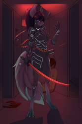 Size: 2000x3000 | Tagged: safe, artist:chapaevv, imported from derpibooru, oc, oc only, anthro, cyborg, unicorn, armor, commission, cyberpunk, female, katana, looking at you, mask, ninja, solo, solo focus, standing, sword, weapon, ych result