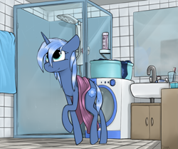 Size: 1337x1117 | Tagged: safe, artist:sinrar, imported from derpibooru, oc, oc only, oc:double colon, oc:paamayim nekudotayim, pony, unicorn, commission, female, mare, mirror, raised hoof, shower, solo, towel, wet mane