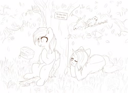 Size: 2560x1852 | Tagged: dead source, safe, artist:laymy, imported from derpibooru, oc, oc only, oc:marka, oc:recky rich, bird, pegasus, pony, unicorn, bedroom eyes, cyrillic, grammar error, lying down, nature, present, shipping, sign, sketch, tree