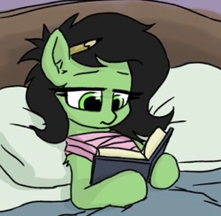 Size: 461x450 | Tagged: safe, artist:plunger, imported from derpibooru, oc, oc only, oc:filly anon, earth pony, pony, bandaged chest, bed, bedroom, book, comfy, female, filly, implied injury, pencil, pencil behind ear, pillow, reading, solo, spoilers for another series