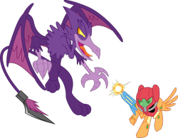 Size: 1500x1161 | Tagged: safe, artist:dalekolt, imported from derpibooru, dragon, griffon, pegasus, pony, crossover, griffonized, metroid, ponified, ridley, samus aran, species swap, super smash bros.