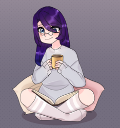 Size: 2340x2503 | Tagged: source needed, useless source url, safe, artist:ketish, imported from derpibooru, oc, oc only, oc:nightcoll bloom, human, book, clothes, family, glasses, humanized, humanized oc, kneesocks, socks, solo, stocking feet, sweater