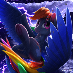 Size: 4000x4000 | Tagged: safe, artist:cherry pop, imported from derpibooru, rainbow dash, pegasus, pony, 3d, absurd resolution, blender, blender cycles, cloud, female, flying, lightning, looking at you, mare, procreate app, rain, solo, storm, subsurface scattering