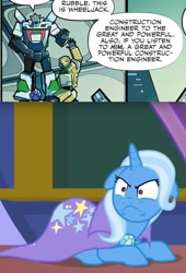 Size: 950x1398 | Tagged: safe, edit, edited screencap, imported from derpibooru, screencap, trixie, a matter of principals, season 8, spoiler:s08, bumblebee, bumblebee (transformers), crossover, great and powerful, idw transformers, rubble, spoilers for another series, there can be only one, transformers, trixie is not amused, unamused, wheeljack, wrong franchise