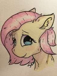 Size: 1920x2560 | Tagged: safe, artist:lightisanasshole, imported from derpibooru, fluttershy, pony, adorkable, blushing, bust, cute, dork, female, mare, painting, portrait, short hair, short mane, shyabetes, smiling, solo, three quarter view, traditional art, watercolor painting