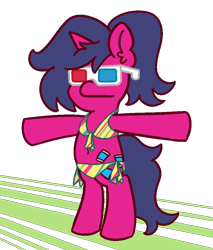 Size: 850x1000 | Tagged: safe, artist:threetwotwo32232, imported from derpibooru, oc, oc only, oc:fizzy pop, pony, unicorn, 3d glasses, belly button, bikini, clothes, female, mare, midriff, swimsuit, t pose