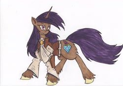 Size: 3488x2460 | Tagged: safe, artist:zubias, imported from derpibooru, oc, oc only, oc:lilac prism, pony, unicorn, fallout equestria, fallout equestria: trailblazers, clothes, fanfic art, female, mare, solo, traditional art