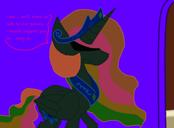 Size: 1138x838 | Tagged: safe, artist:dazzlingmimi, artist:eeveeglaceon, imported from derpibooru, princess celestia, alicorn, pony, tumblr:the sun has inverted, balcony, blue background, blue sun, canterlot castle, canterlot castle interior, color change, corrupted, darkened coat, female, green eye, implied invert princess luna, implied inverted princess luna, implied princess luna, indoors, inside, invert princess celestia, inverted, inverted colors, inverted princess celestia, possession, purple background, rainbow hair, sidemouth, simple background, solo, speech bubble, tumblr, violet background, word balloon, word bubble