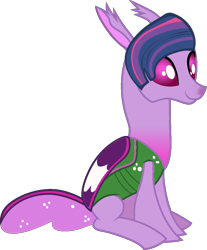 Size: 847x1024 | Tagged: safe, artist:cloudy glow, artist:cloudyglow, artist:damiranc1, edit, imported from derpibooru, vector edit, oc, oc only, oc:magda sparkle, changedling, changeling, changepony, hybrid, interspecies offspring, offspring, parent:thorax, parent:twilight sparkle, parents:twirax, simple background, sitting, smiling, transparent background, vector