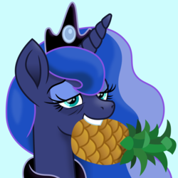 Size: 1500x1500 | Tagged: safe, artist:cloudy glow, artist:cloudyglow, imported from derpibooru, princess luna, alicorn, pony, a royal problem, female, food, herbivore, mare, mouth hold, pineapple, solo, tired