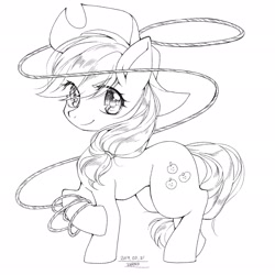 Size: 2048x2048 | Tagged: safe, artist:zakro, imported from derpibooru, applejack, earth pony, pony, black and white, cowboy hat, cute, female, hat, hoof hold, lasso, looking at you, mare, monochrome, rope, simple background, solo, white background