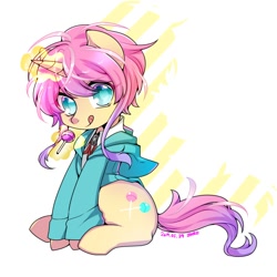 Size: 1000x1000 | Tagged: safe, artist:zakro, imported from derpibooru, oc, oc only, pony, unicorn, candy, clothes, cute, female, food, glowing horn, levitation, lollipop, magic, mare, solo, telekinesis, tongue out