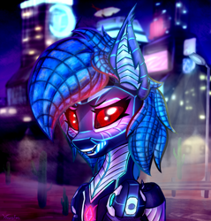 Size: 900x940 | Tagged: safe, artist:xeniusfms, imported from derpibooru, oc, oc only, oc:aphelion riley, bat pony, pony, robot, robot pony, artificial intelligence, city, cyberpunk, female, glowing eyes, mare, night, ponified, smiling, solo