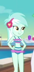 Size: 212x448 | Tagged: safe, imported from derpibooru, screencap, lyra heartstrings, equestria girls, equestria girls series, spring breakdown, spoiler:eqg series (season 2), belly button, bikini, clothes, cropped, hand on hip, hands on hip, headphones, lyra heartstrings swimsuit, midriff, sleeveless, swimsuit, water