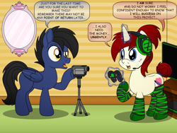 Size: 4000x3000 | Tagged: safe, artist:pananovich, derpibooru exclusive, imported from derpibooru, oc, oc:shadowmoon, oc:silver draw, pegasus, pony, unicorn, camera, clothes, console, context in description, context in the description, controller, dialogue, earbuds, female, freckles, joystick, male, socks, streamers, striped socks, television