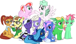 Size: 6015x3519 | Tagged: safe, artist:lightning stripe, derpibooru exclusive, imported from derpibooru, oc, oc only, oc:beetle beat, oc:caramel swallowtail, oc:everstar, oc:flowerlocks, oc:forecast, oc:hercules, oc:lightning stripe, oc:misty mint, oc:moonlight dream, oc:petunia bloom, oc:sugar mint, earth pony, pegasus, pony, unicorn, blue coat, brown eyes, clothes, coat markings, cutie mark, dappled, female, flower, flower in hair, flying, glasses, green coat, green eyes, group photo, group shot, hair bun, hair over one eye, headphones, horn, jewelry, magenta eyes, makeup, mare, mother's day, necklace, orange coat, orange eyes, pearl necklace, pigtails, pink coat, pink eyes, ponytail, purple eyes, scarf, shit eating grin, show accurate, simple background, smiling, smug, socks, socks (coat marking), socks (coat markings), spiky mane, straight hair, striped mane, striped socks, sweater, transparent background, twintails, vest, white coat, wings, yellow coat
