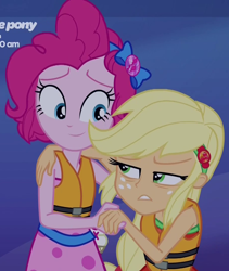 Size: 908x1077 | Tagged: safe, imported from derpibooru, screencap, applejack, pinkie pie, equestria girls, equestria girls series, spring breakdown, spoiler:eqg series (season 2), cropped, cute, geode of sugar bombs, helping, lifejacket, magical geodes, spoiler