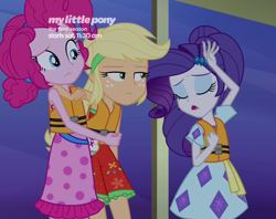 Size: 1362x1079 | Tagged: safe, imported from derpibooru, screencap, applejack, pinkie pie, rarity, equestria girls, equestria girls series, spring breakdown, spoiler:eqg series (season 2), applejack is not amused, boring, cropped, helping, lifejacket, marshmelodrama, rarity being rarity, unamused