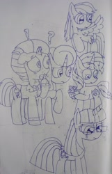 Size: 2782x4317 | Tagged: safe, artist:徐詩珮, imported from derpibooru, fizzlepop berrytwist, glitter drops, rainbow dash, sci-twi, sunset shimmer, tempest shadow, twilight sparkle, pegasus, pony, unicorn, equestria girls, equestria girls series, spring breakdown, spoiler:eqg series (season 2), broken horn, clothes, dress, equestria girls ponified, female, glittershadow, horn, lesbian, lineart, mare, marriage, sad, shipping, traditional art, unicorn sci-twi, wedding, wedding dress