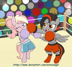 Size: 924x865 | Tagged: safe, artist:estevangel, imported from derpibooru, oc, oc:dusk strike, pegasus, pony, bipedal, boxing, boxing gloves, boxing ring, clothes, midriff, sports