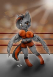 Size: 740x1079 | Tagged: safe, artist:sue--boo, imported from derpibooru, oc, oc only, oc:dusk strike, pegasus, pony, belly button, bipedal, blood, boxing, boxing gloves, boxing ring, clothes, midriff, nosebleed, solo, sports