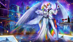 Size: 6500x3772 | Tagged: safe, artist:vertry, imported from derpibooru, oc, oc:heart of platinum, oc:prince rainshine, anthro, pegasus, robot, unguligrade anthro, unicorn, absolute cleavage, anthro oc, belly button, big breasts, breasts, city, cityscape, cleavage, clothes, dress, drink, female, fireworks, glass, hand on hip, huge breasts, male, mare, milf, mother and son, party, stallion, suit, wine bottle, wine glass