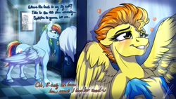 Size: 3840x2160 | Tagged: safe, artist:lupiarts, imported from derpibooru, rainbow dash, spitfire, pegasus, pony, clothes, creepy, female, fetish, heart, lesbian, mare, olfactophilia, shipping, smiling, spitdash, uniform, wonderbolts uniform