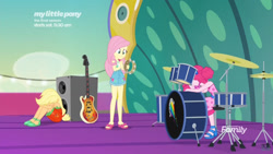 Size: 1280x720 | Tagged: safe, imported from derpibooru, screencap, applejack, fluttershy, pinkie pie, equestria girls, equestria girls series, spring breakdown, spoiler:eqg series (season 2), bass guitar, cymbal, drum kit, drums, feet, female, musical instrument, sandals, sleeveless, speaker, tambourine