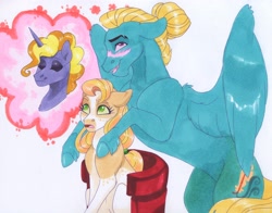 Size: 3888x3048 | Tagged: safe, artist:frozensoulpony, imported from derpibooru, ponet, zephyr breeze, oc, oc:miss muppet, pony, blushing, offspring, parent:big macintosh, parent:fluttershy, parents:fluttermac, thought bubble, traditional art