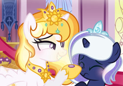 Size: 1280x890 | Tagged: safe, artist:xxmaikhanhflarexx, imported from derpibooru, princess celestia, princess luna, alicorn, pony, alternate design, boop, crown, duo, female, filly, jewelry, regalia, royal sisters, siblings, sisters, woona, younger