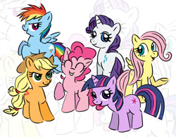 Size: 900x702 | Tagged: safe, artist:honeyl17, imported from derpibooru, applejack, fluttershy, pinkie pie, rainbow dash, rarity, twilight sparkle, earth pony, pegasus, pony, unicorn, applejack's hat, cowboy hat, cute, dashabetes, diapinkes, eyes closed, female, filly, filly applejack, filly fluttershy, filly mane six, filly pinkie pie, filly rainbow dash, filly rarity, filly twilight sparkle, flying, happy, hat, jackabetes, looking at you, mane six, mare, one hoof raised, raised hoof, raribetes, shyabetes, simple background, smiling, twiabetes, unicorn twilight, wings, younger, zoom layer