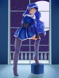 Size: 1400x1850 | Tagged: safe, artist:focusb, imported from derpibooru, princess luna, human, clothes, female, full moon, humanized, looking back, moon, solo, stockings, thigh highs, window