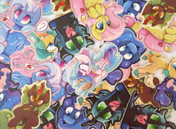 Size: 2000x1466 | Tagged: safe, artist:loneless-art, imported from derpibooru, alice the reindeer, cinder glow, fluttershy, princess celestia, princess luna, queen chrysalis, summer flare, trixie, butterfly, kirin, pony, advertisement, blueberry, chibi, food, pancakes, playing card, sticker, sticker set, strawberry, tongue out