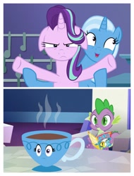 Size: 3106x4096 | Tagged: safe, edit, edited screencap, imported from derpibooru, screencap, spike, starlight glimmer, trixie, dragon, pony, unicorn, all bottled up, annoyed, cup, floppy ears, inanimate tf, teacup, transformation, trixie teacup, trixie's puppeteering