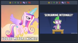 Size: 487x270 | Tagged: safe, imported from derpibooru, princess cadance, spike, derpibooru, equestria girls, equestria girls series, spring breakdown, three's a crowd, spoiler:eqg series (season 2), angry, juxtaposition, juxtaposition win, meme, meta, scared, the fairly oddparents