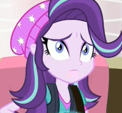 Size: 404x377 | Tagged: safe, imported from derpibooru, screencap, starlight glimmer, equestria girls, beanie, concerned, cropped, female, hat, solo