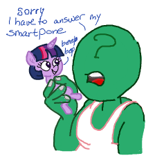 Size: 224x237 | Tagged: source needed, safe, artist:vree, imported from derpibooru, twilight sparkle, oc, oc:anon, pony, unicorn, cellphone, duo, holding a pony, phone, pun, purple smart, smartphone, text, tiny, tiny ponies, unicorn twilight