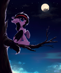 Size: 1839x2174 | Tagged: safe, artist:mirtash, imported from derpibooru, oc, oc only, oc:whisper quill, bat pony, pony, bat pony oc, commission, cute, daaaaaaaaaaaw, dawwww, female, full moon, heart eyes, mare, moon, night, ocbetes, rcf community, sitting, smiling, solo, tree, tree branch, wingding eyes