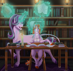 Size: 893x872 | Tagged: safe, artist:bijutsuyoukai, imported from derpibooru, starlight glimmer, oc, oc:gamma ray, pony, unicorn, blaze (coat marking), book, bookshelf, candle, coat markings, facial markings, female, filly, library, magic, mama starlight, mother and child, mother and daughter, offspring, paper, parent:starlight glimmer, parent:sunburst, parents:starburst, stool, telekinesis