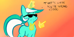 Size: 1000x500 | Tagged: artist needed, safe, imported from derpibooru, lyra heartstrings, pony, unicorn, /mlp/, 4chan, cute, drawthread, female, funny, gradient background, hand, magic, meme, missing cutie mark, pointing, ponified meme, reaction image, solo, sunglasses
